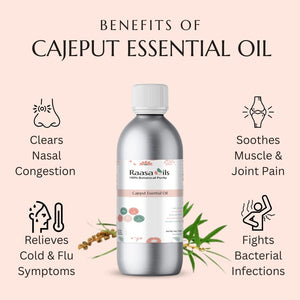 Bottle of Raasa Oils Cajeput Essential Oil with benefits listed on a pink background