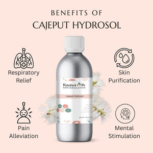 Bottle of Raasa Oils Cajeput Hydrosol with benefits listed on a pink background