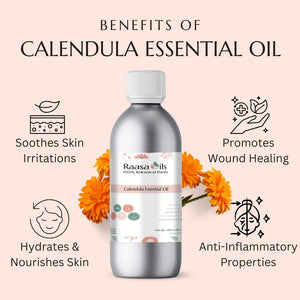 Bottle of Raasa Oils Calendula Essential Oil with benefits listed on a pink background