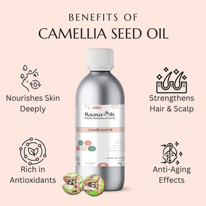 Raasa Oils Camellia Seed Oil bottle with benefits listed on a pink background