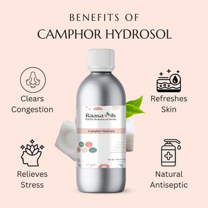 Bottle of Raasa Oils Camphor Hydrosol with benefits listed on a pink background