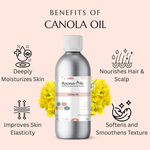 Bottle of Raasa Oils canola oil with benefits listed on a pink background