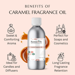 Bottle of caramel fragrance oil with benefits listed on a pink background