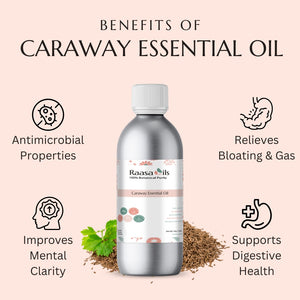 Bottle of Raasa Oils Caraway Essential Oil with benefits listed on a pink background