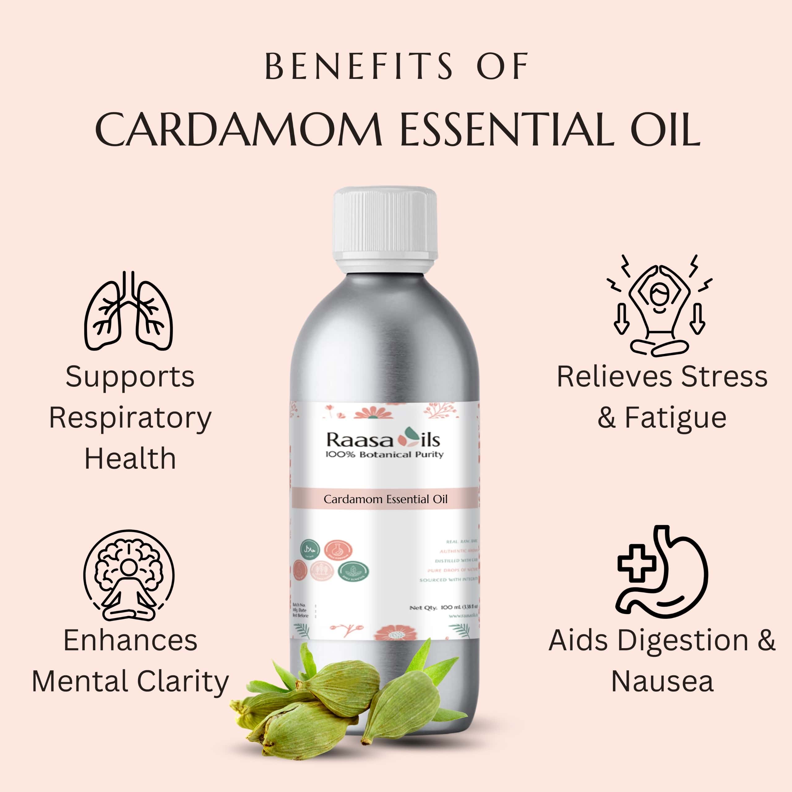 Raasa Oils cardamom essential oil bottle with benefits listed on a pink background