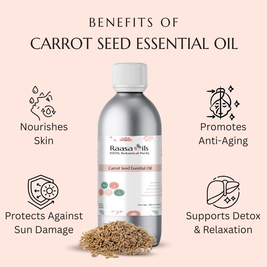 Bottle of Raasa Oils Carrot Seed Essential Oil with benefits listed on a pink background