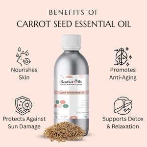 Bottle of Raasa Oils Carrot Seed Essential Oil with benefits listed on a pink background