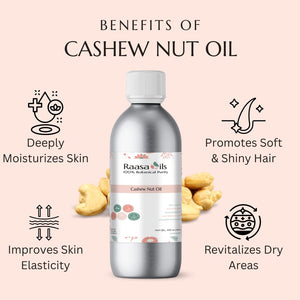 Bottle of Raasa Oils Cashew Nut Oil with benefits listed on a pink background