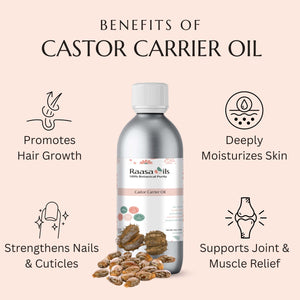Raasa Oils castor carrier oil bottle with benefits listed on a pink background