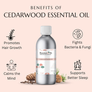 Bottle of Raasa Oils Cedarwood Essential Oil with benefits listed on a pink background