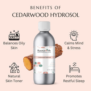 Bottle of Raasa Oils Cedarwood Hydrosol with benefits listed on a pink background