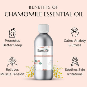 Bottle of Raasa Oils Chamomile Essential Oil with benefits listed on a pink background