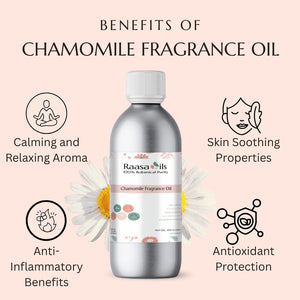 Chamomile fragrance oil bottle with benefits listed on a light pink background
