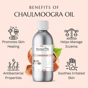 Bottle of Raasa Oils Chaulmoogra Oil with benefits listed on a pink background