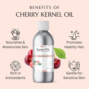 Bottle of Raasa Oils Cherry Kernel Oil with benefits listed on a pink background