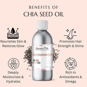 Bottle of Chia Seed Oil with benefits listed on a light pink background