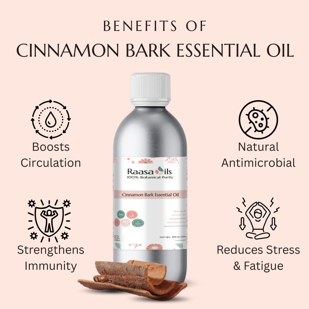 Raasa Oils Cinnamon Bark Essential Oil bottle with benefits listed on a pink background