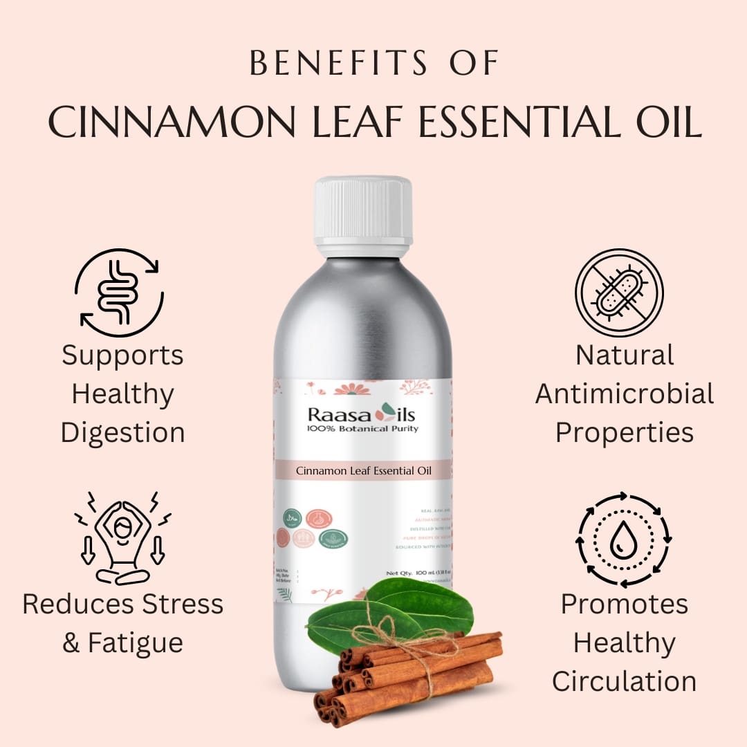 Raasa Oils Cinnamon Leaf Essential Oil bottle with benefits listed on a pink background