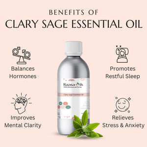 Raasa Oils Clary Sage Essential Oil bottle with benefits listed on a pink background