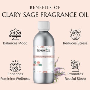 Clary Sage Fragrance Oil bottle with benefits listed on a pink background