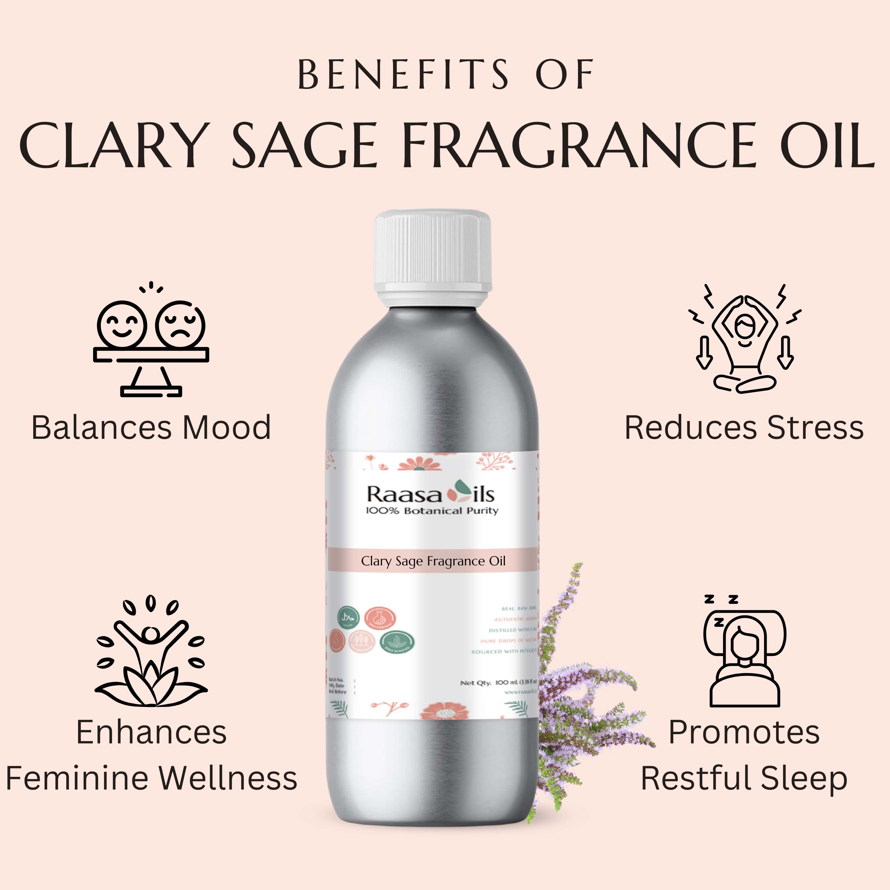 Clary Sage Fragrance Oil bottle with benefits listed on a pink background
