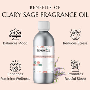 Clary Sage Fragrance Oil bottle with benefits listed on a pink background