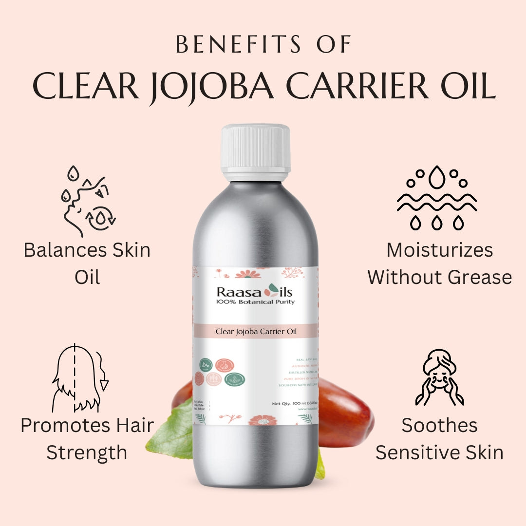 Bottle of Raasa Oils Clear Jojoba Carrier Oil with benefits listed on a pink background