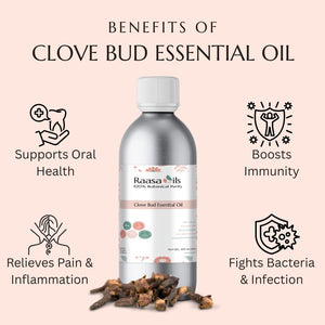 Raasa Oils Clove Bud Essential Oil bottle with benefits listed on a pink background