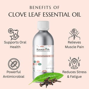 Bottle of Raasa Oils Clove Leaf Essential Oil with benefits listed on a pink background