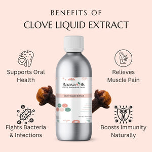 Raasa Oils clove liquid extract bottle with benefits listed on a pink background