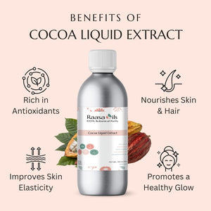 Bottle of Raasa Oils Cocoa Liquid Extract with benefits listed on a pink background