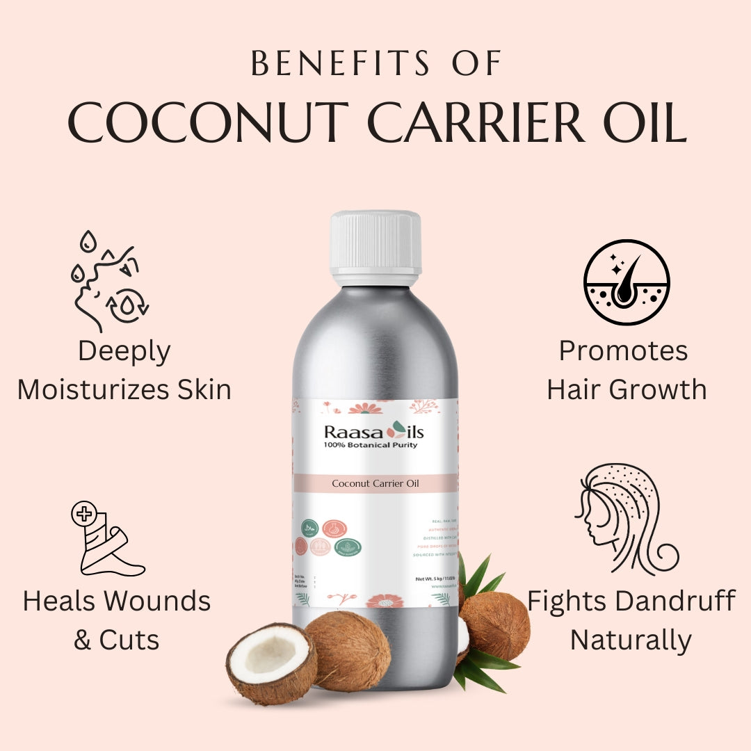 Raasa Oils coconut carrier oil bottle with benefits listed on a pink background