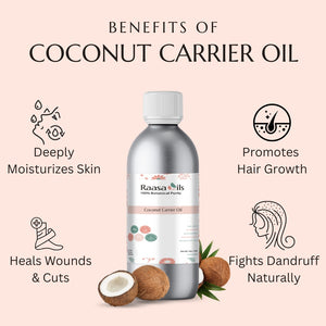 Raasa Oils coconut carrier oil bottle with benefits listed on a pink background