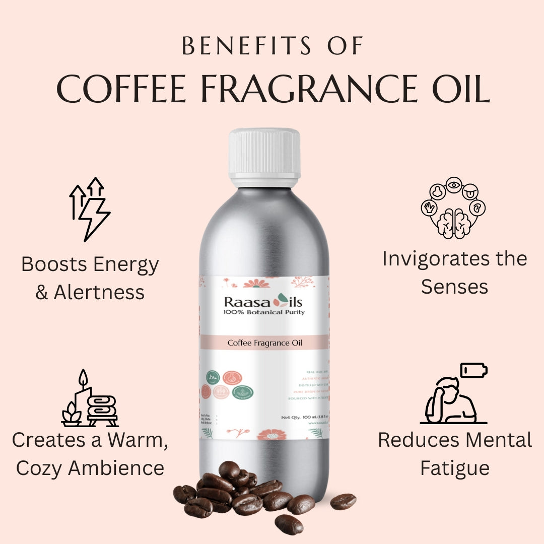 Bottle of Raasa Oils Coffee Fragrance Oil with benefits listed on a pink background