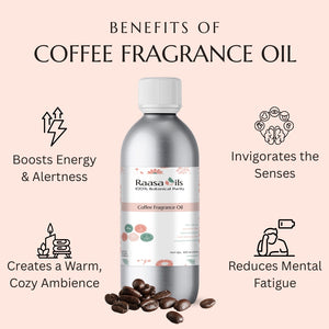 Bottle of Raasa Oils Coffee Fragrance Oil with benefits listed on a pink background