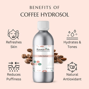 Bottle of Raasa Oils Coffee Hydrosol with benefits listed on a pink background