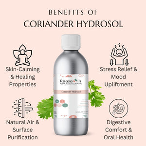 Bottle of Raasa Oils Coriander Hydrosol with benefits listed on a pink background