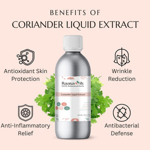 Raasa Oils Coriander Liquid Extract bottle with benefits listed on a pink background