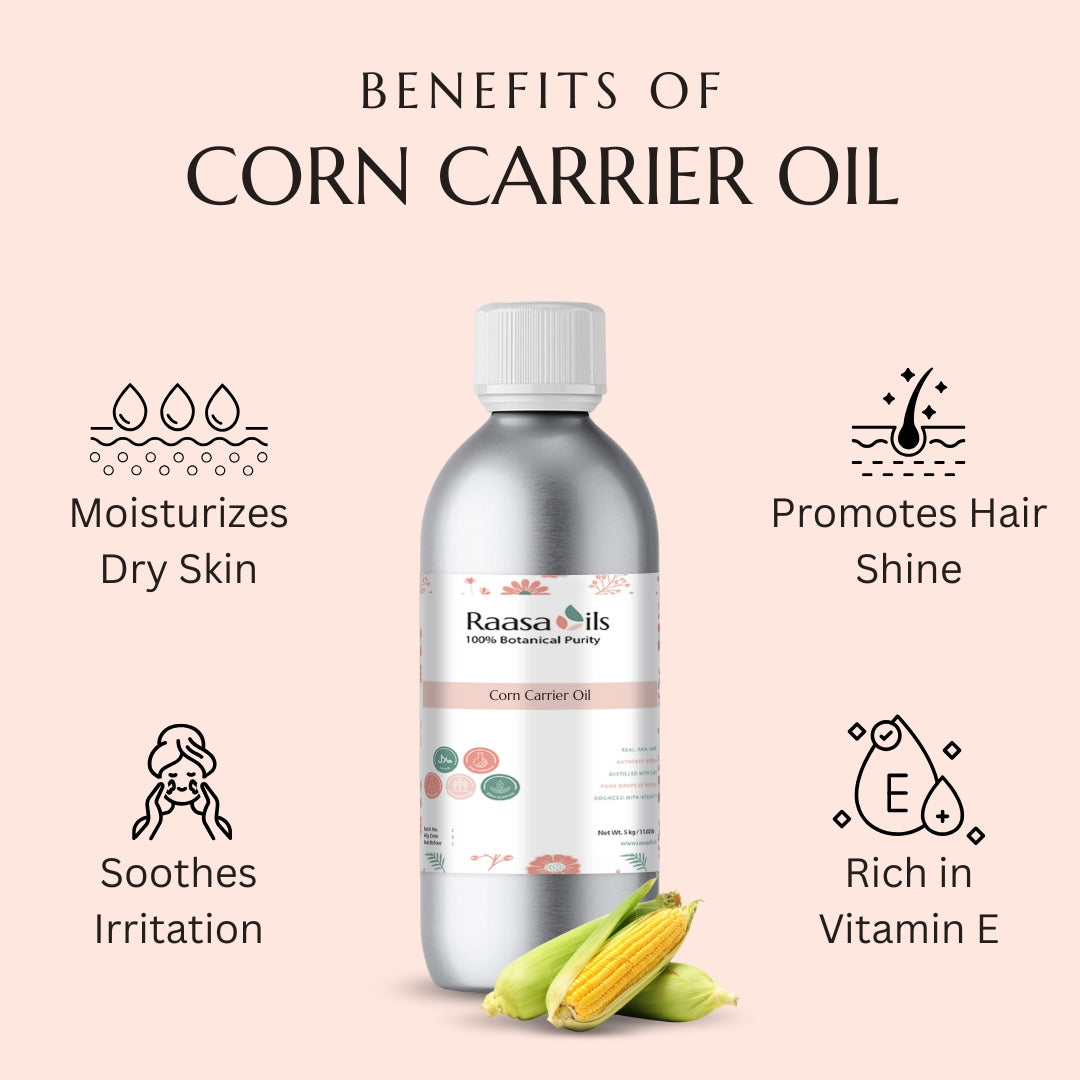 Bottle of Raasa Oils corn carrier oil with benefits listed on a pink background