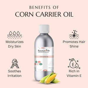 Bottle of Raasa Oils corn carrier oil with benefits listed on a pink background