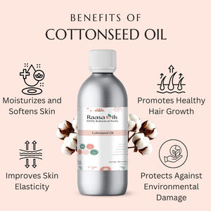 Bottle of Raasa Oils cottonseed oil with benefits listed on a pink background