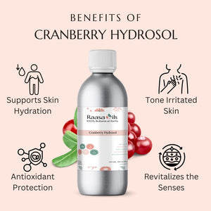 Bottle of Raasa Oils Cranberry Hydrosol with benefits listed on a light pink background