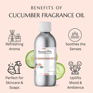 Raasa Oils cucumber fragrance oil bottle with benefits listed on a pink background