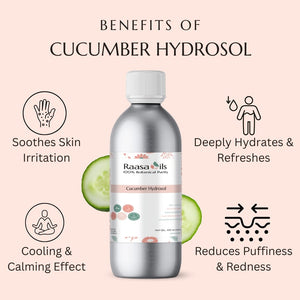 Bottle of Raasa Oils Cucumber Hydrosol with benefits listed on a pink background