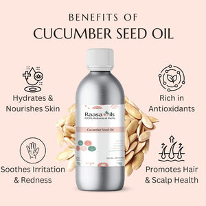 Bottle of Raasa Oils Cucumber Seed Oil with benefits listed on a pink background