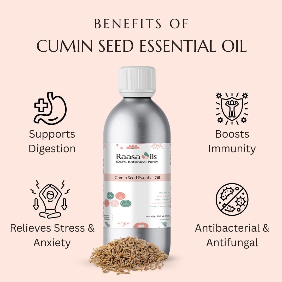 Cumin seed essential oil bottle with benefits listed on a pink background