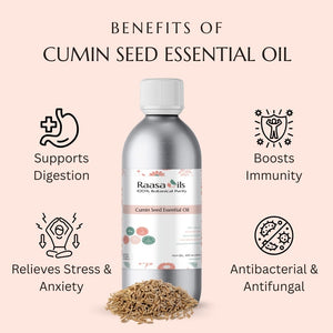 Cumin seed essential oil bottle with benefits listed on a pink background