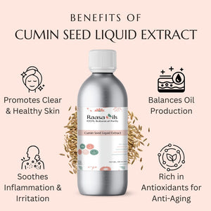 Bottle of Raasa Oils Cumin Seed Liquid Extract with benefits listed on a pink background