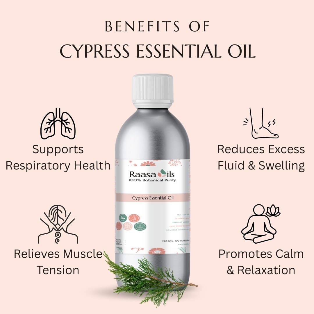 Bottle of Raasa Oils Cypress Essential Oil with benefits listed on a light pink background