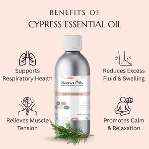 Bottle of Raasa Oils Cypress Essential Oil with benefits listed on a light pink background